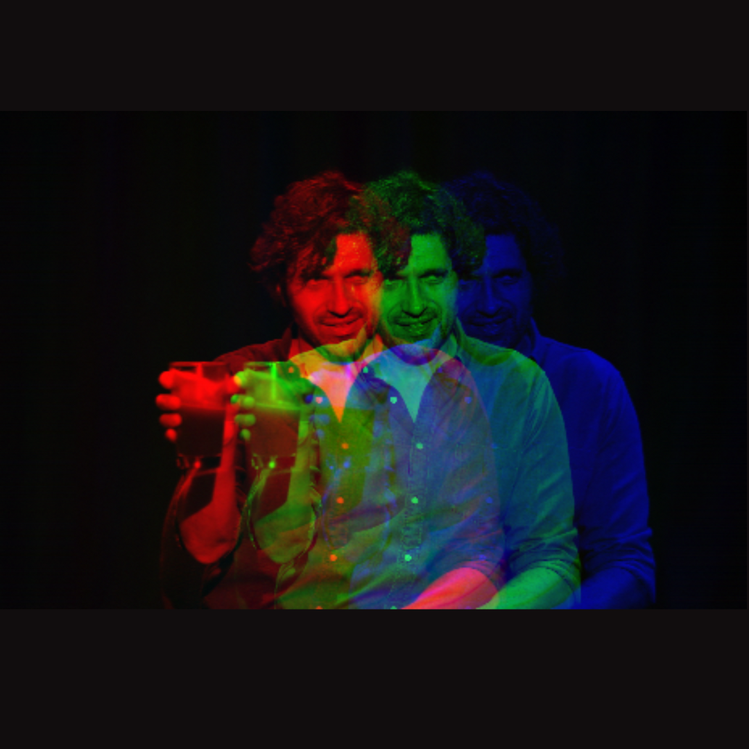 3 overlapping images where Adam holds a drink, in red, green, and blue.